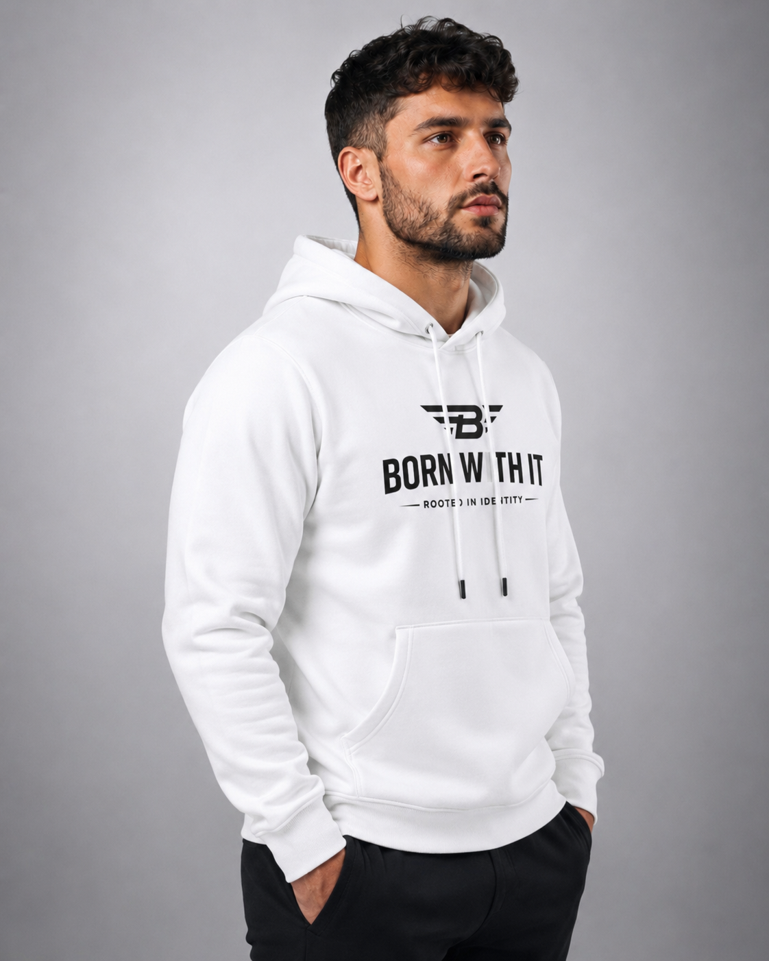 WHITE FLEECE HOODIE BORN WITH IT™ DESIGN